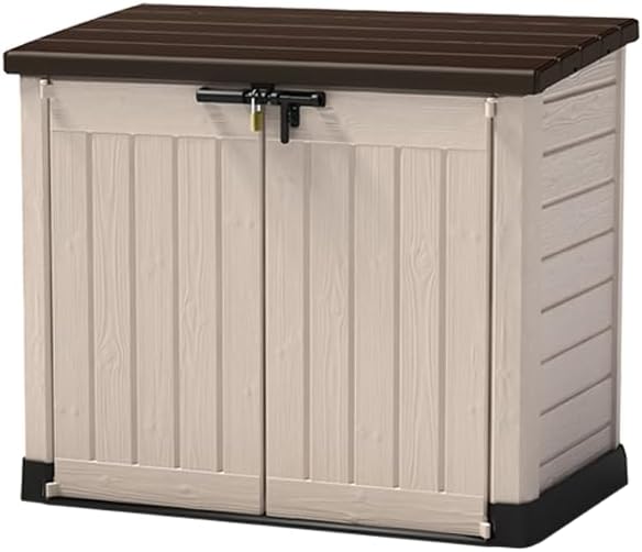 Keter Store it out Max Mülltonnenbox mit Gasdruckfeder, wetterfest, abschließbar, beige, 1.200 L, 145,5 x 82 x 125cm