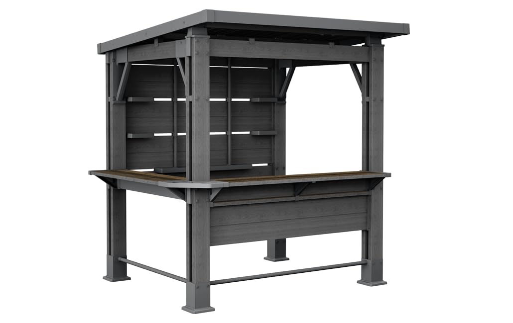 Keter Signature Grill-Pavillon – wetterfest, Holzoptik, Metallverstärkung, integrierte Haken und Ablageflächen, Dunkelgrau mit Walnuss, Gazebo