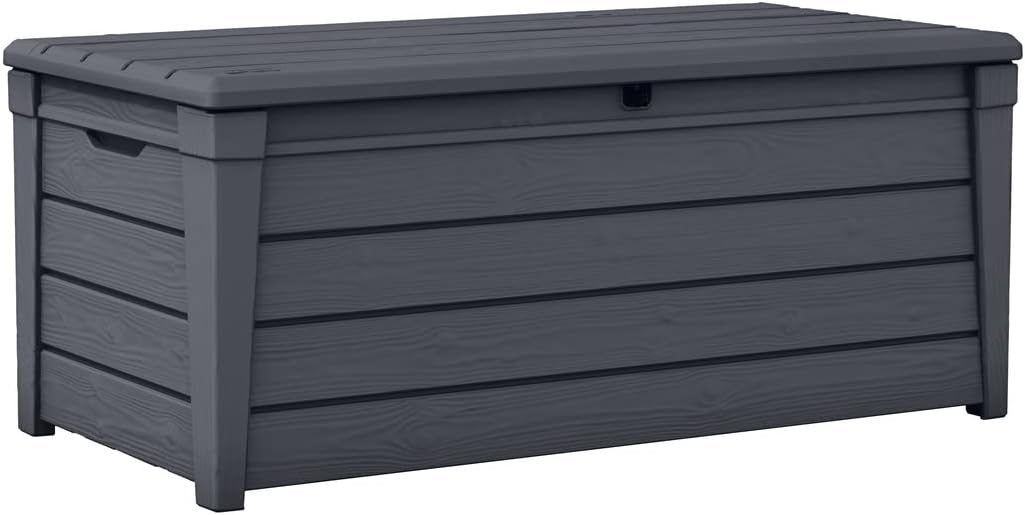 Keter Brightwood Gartenbox 455L - Aufbewahrungsbox mit Sitzfunktion für 2 Personen - Wetterbeständige Terrassenbox in Holzoptik Grau