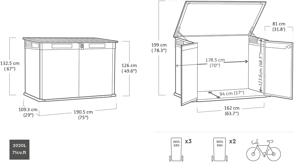 Keterbox Premier Jumbo, 2020l Fassungsvermögen, Außenmaße (BxHxT): 190,5 x 132 x 109 cm, passend für 3X 240l oder 2X 360l Mülltonnen, wetterfest, wasserdicht, mehrfarbig, Kunststoff