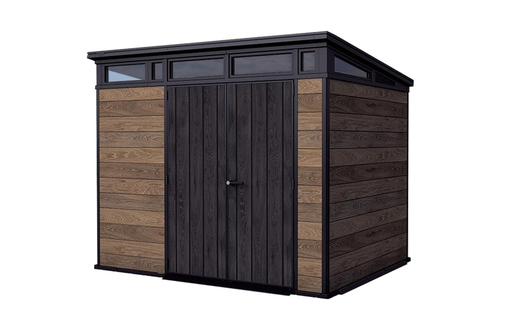 Keter Gerätehaus Signature 7x7 mit Doppeltür und Bodenplatte, abschließbar, Kunststoff wetterfest, 4,7 m² Gartenhaus Walnuss