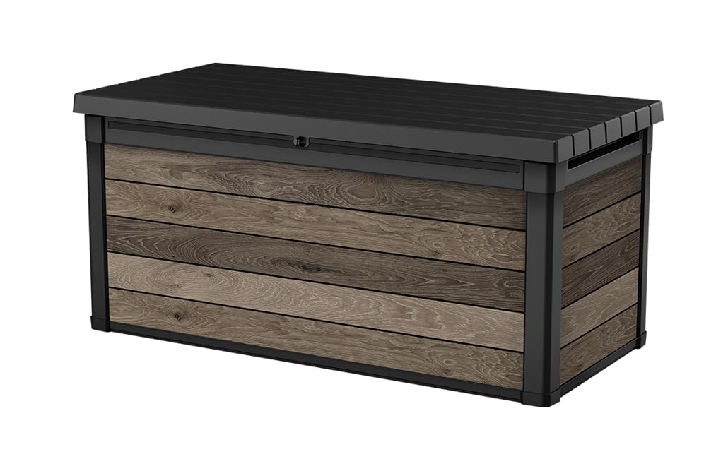 Keter Signature Aufbewahrungsbox 870L Walnuss - Gartenbox mit Holzoptik & Sitzfunktion - Wetterfeste Kissenbox mit Gasdruckfedern