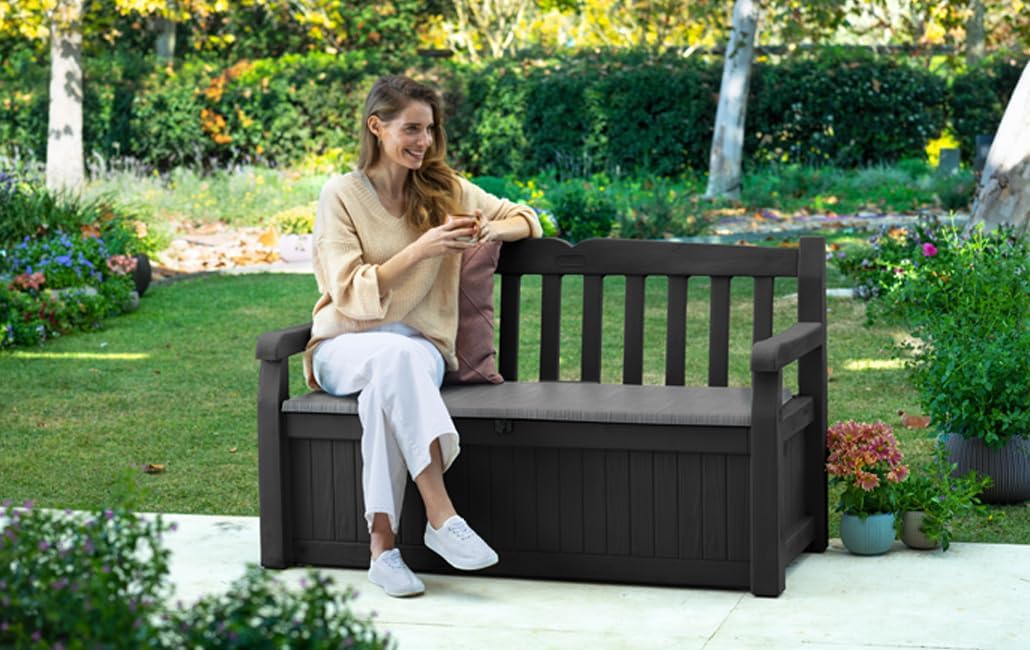 Keter Sitzbank Eden für Balkon und Garten, Gartenbank mit integrierter Kissenbox mit 265 l Stauraum, 140x60x84cm, wetterfest, pflegeleicht, grau, Outdoor, Holzoptik