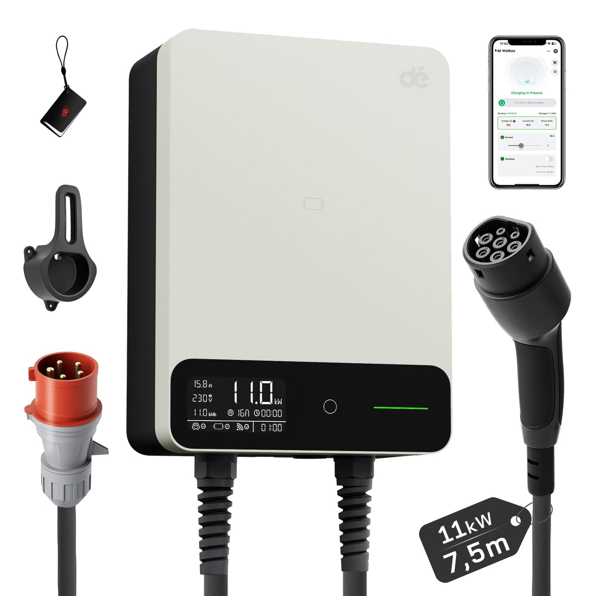 dé Wallbox 11kW mit APP RFID, 7,5m, §14a EnWG, EV Ladestation, Schwarz