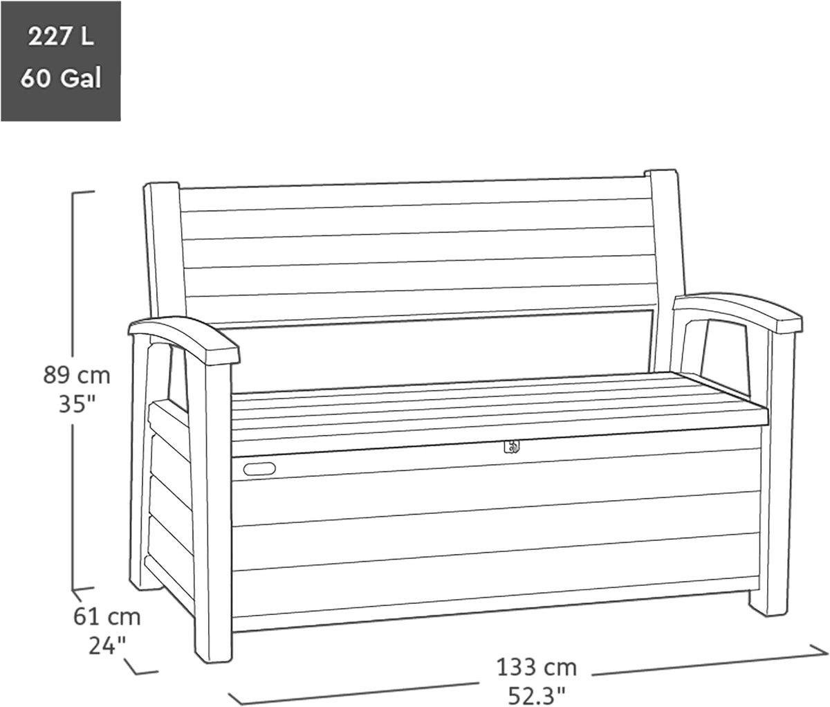 Keter Signature Gartenbank 130x60x85 cm, wetterfeste Aufbewahrungsbank mit 227 Liter Stauraum, Holzdesign Rosewood, 2-Sitzer Sitzgelegenheit, Palisander