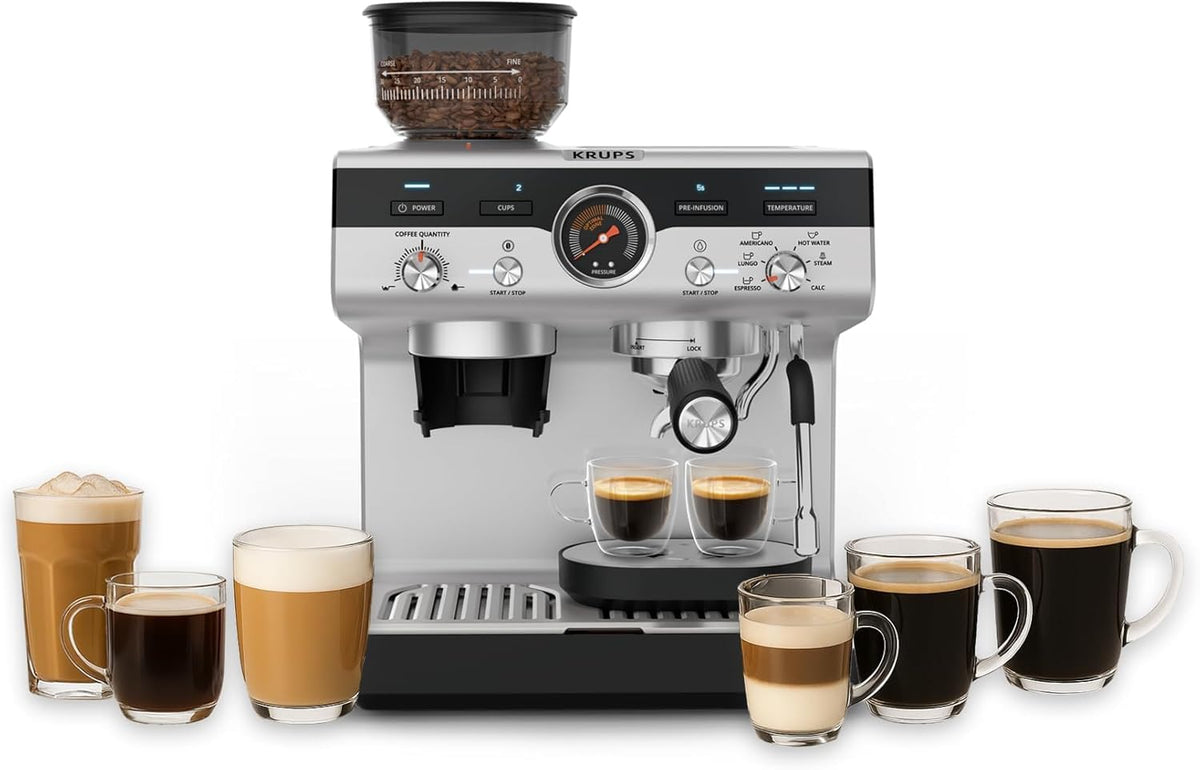 Krups Virtuoso Essential Espresso-Siebträgermaschine, 15 bar, Edelstahl-Applikationen, schlankes Design, Bedienfeld mit 4 Funktionen, inkl. Barista-Zubehör, Edelstahl, XP441810