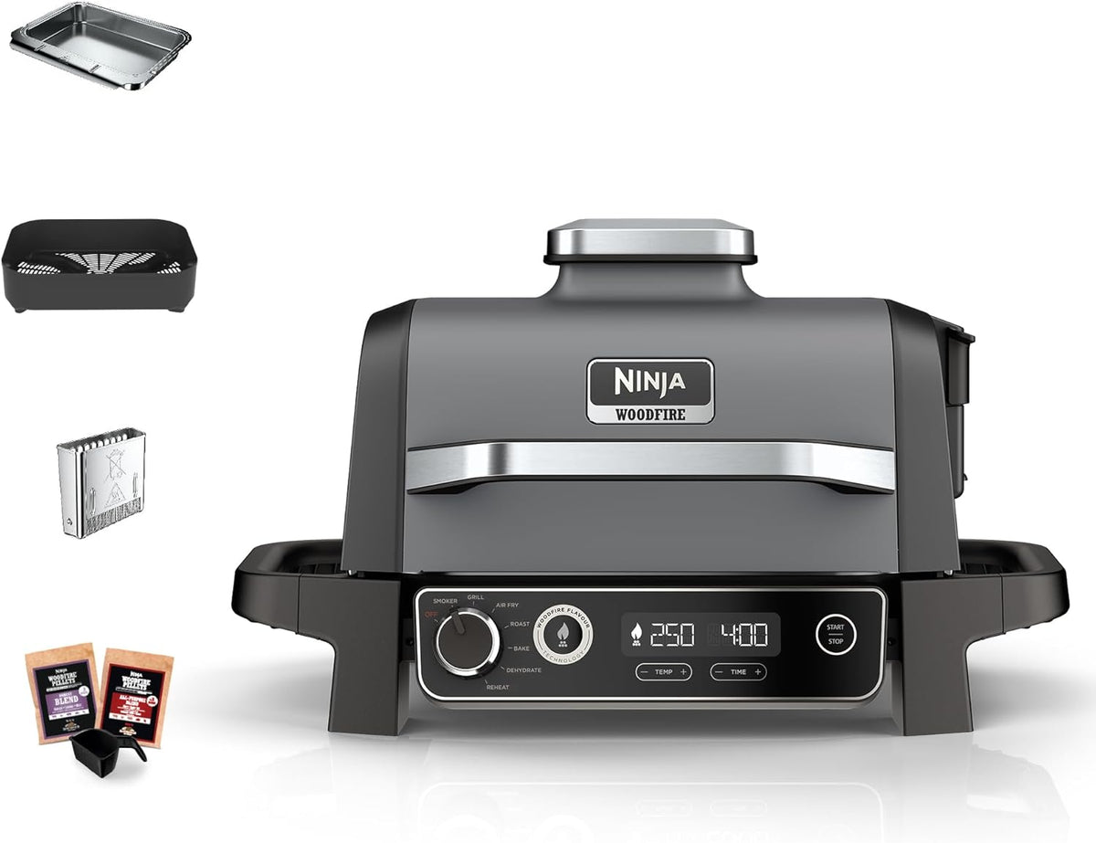 Ninja Woodfire Elektrogrill, Camping-Grill mit Smoker-& Heißluftfritteuse, 7-in-1-Outdoor Grill, räuchern, braten, backen, wetterfest, antihaftbeschichtet, tragbar, Grau/Schwarz OG701EU