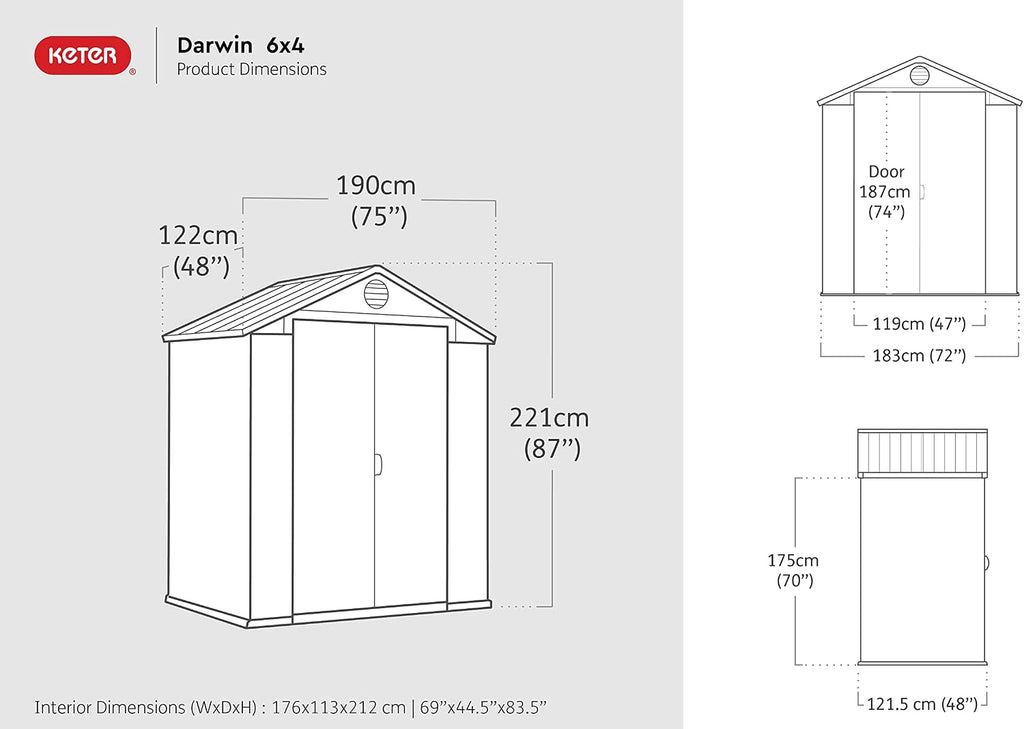 Keter Gerätehaus Darwin 6x4 DD, Braun, Außenmaße 190x122x221cm, wartungsfrei, Kunststoff,wetterfest, Gartenhaus Geräteschuppen Gartenhütte, Hütte für Gartengeräte