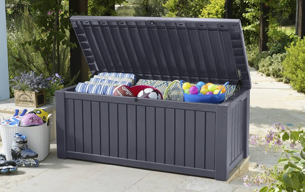 Keter Kissenbox Rockwood, graphit, 570l Fassungsvermögen, Außenmaße: 155 x 72,4 x 64,4 cm, Auflagenbox wasserdicht, für Outdoor geeignet, Keterbox