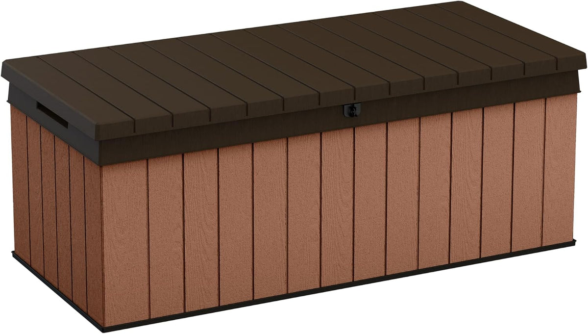 Keter Darwin Auflagenbox, Kissenbox, 380 l, Braun – Hydraulisches Kolbensystem mit Gasdruckfeder für Deckel, Abschließbar, Pflegeleicht, Holzoptik, Polsterbox