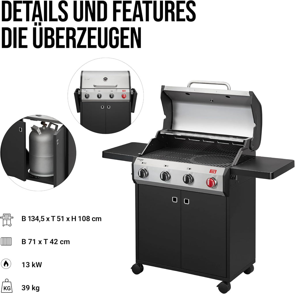 Enders® Gasgrill CHICAGO NEXT 4 R Turbo, 4 Edelstahlbrenner, doppelwandige Garhaube, 2 abklappbare Seitenablagen, integriertes Thermometer - SWITCH GRID™ 13.0 kW, 800 °C TURBO ZONE™, #89366