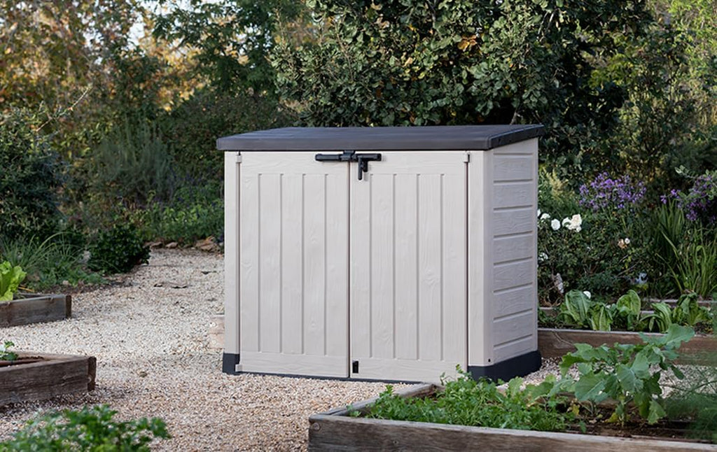 Keter Store it out Max Mülltonnenbox mit Gasdruckfeder, wetterfest, abschließbar, beige, 1.200 L, 145,5 x 82 x 125cm