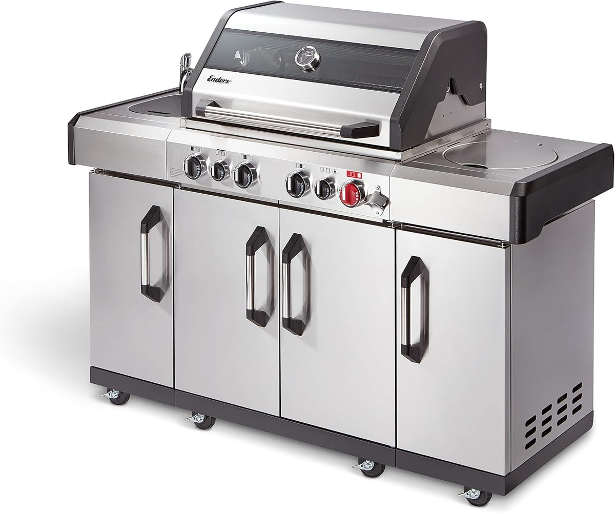 Enders Gasgrill Kansas II Pro 4 SIK Profi Turbo, 4 Brenner mit doppelwandiger Garhaube und Switch Grid - mit Turbo Zone (800 °C)-Gas Grill mit Backburner & Infrarotbrenner, Silber