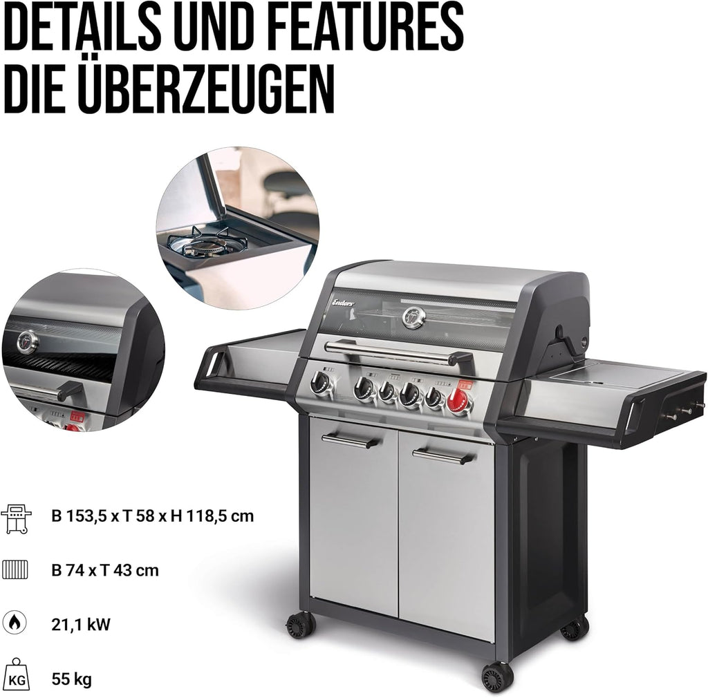 Enders® Gasgrill MONROE PRO 4 SIK TURBO, 4-Edelstahlbrenner, Seitenkocher, Infrarot-Backburner, Sichtfenster, HEAT RANGE™, SWITCH GRID™, 800 °C TURBO ZONE™, SIMPLE CLEAN™, #8378