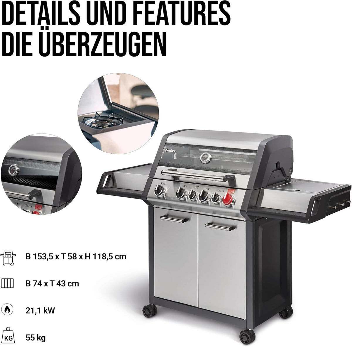 Enders® Gasgrill MONROE PRO 4 SIK TURBO, 4-Edelstahlbrenner, Seitenkocher, Infrarot-Backburner, Sichtfenster, HEAT RANGE™, SWITCH GRID™, 800 °C TURBO ZONE™, SIMPLE CLEAN™, #8378