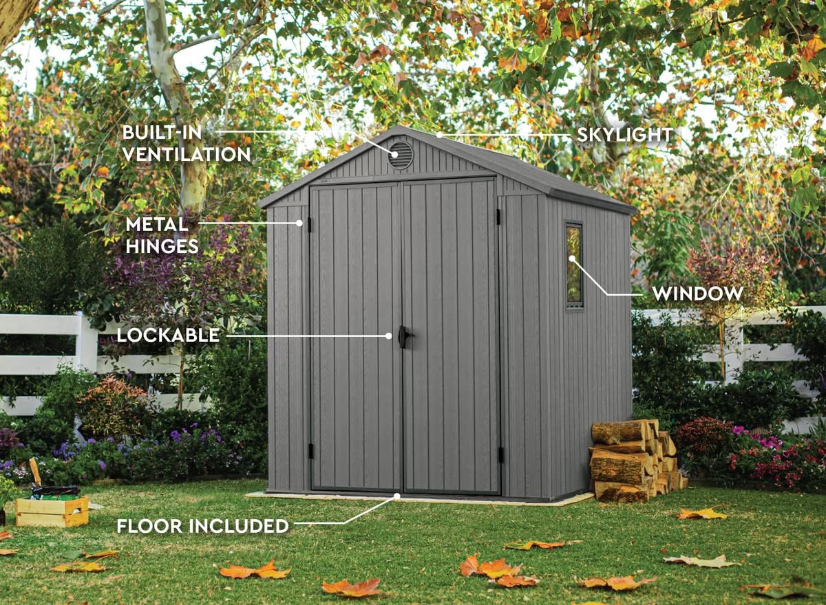 Keter Gerätehaus Darwin 6x6, Grau, Außenmaße 190x183x221cm, wartungsfrei, wetterfest, wasserdicht, mit Unterboden