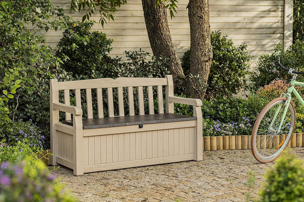 Keter Sitzbank Eden für Balkon und Garten, Gartenbank mit integrierter Kissenbox mit 265 l Stauraum, 140x60x84cm, wetterfest, pflegeleicht, beige, Outdoor, Holzoptik