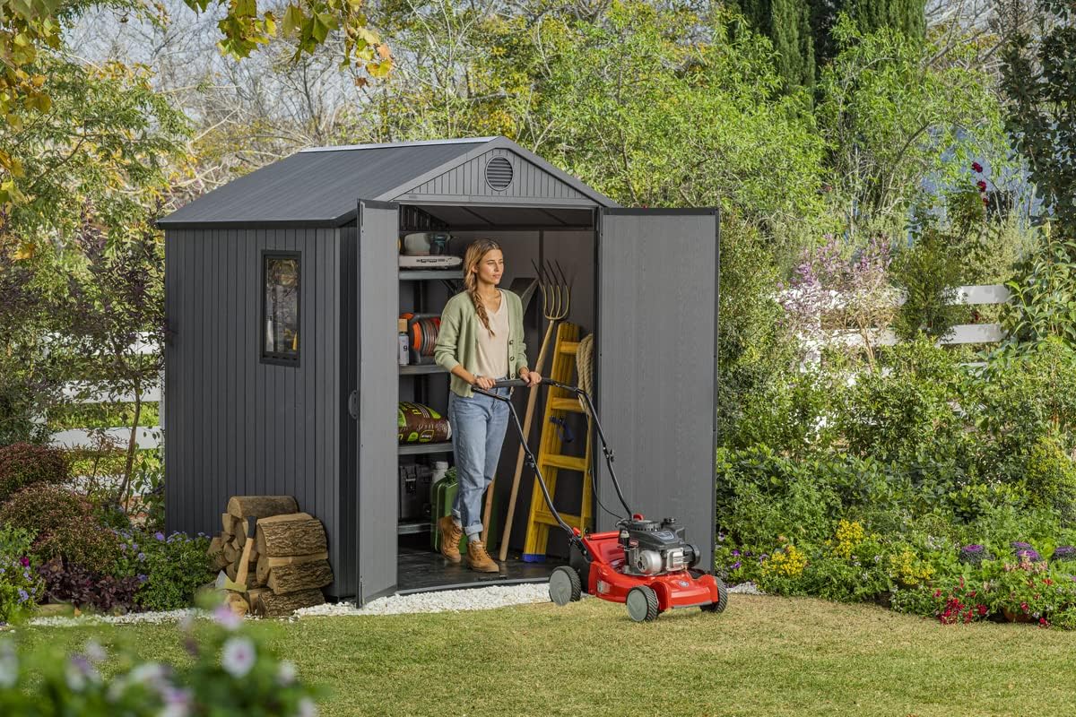Keter Gerätehaus Darwin 6x6, Grau, Außenmaße 190x183x221cm, wartungsfrei, wetterfest, wasserdicht, mit Unterboden