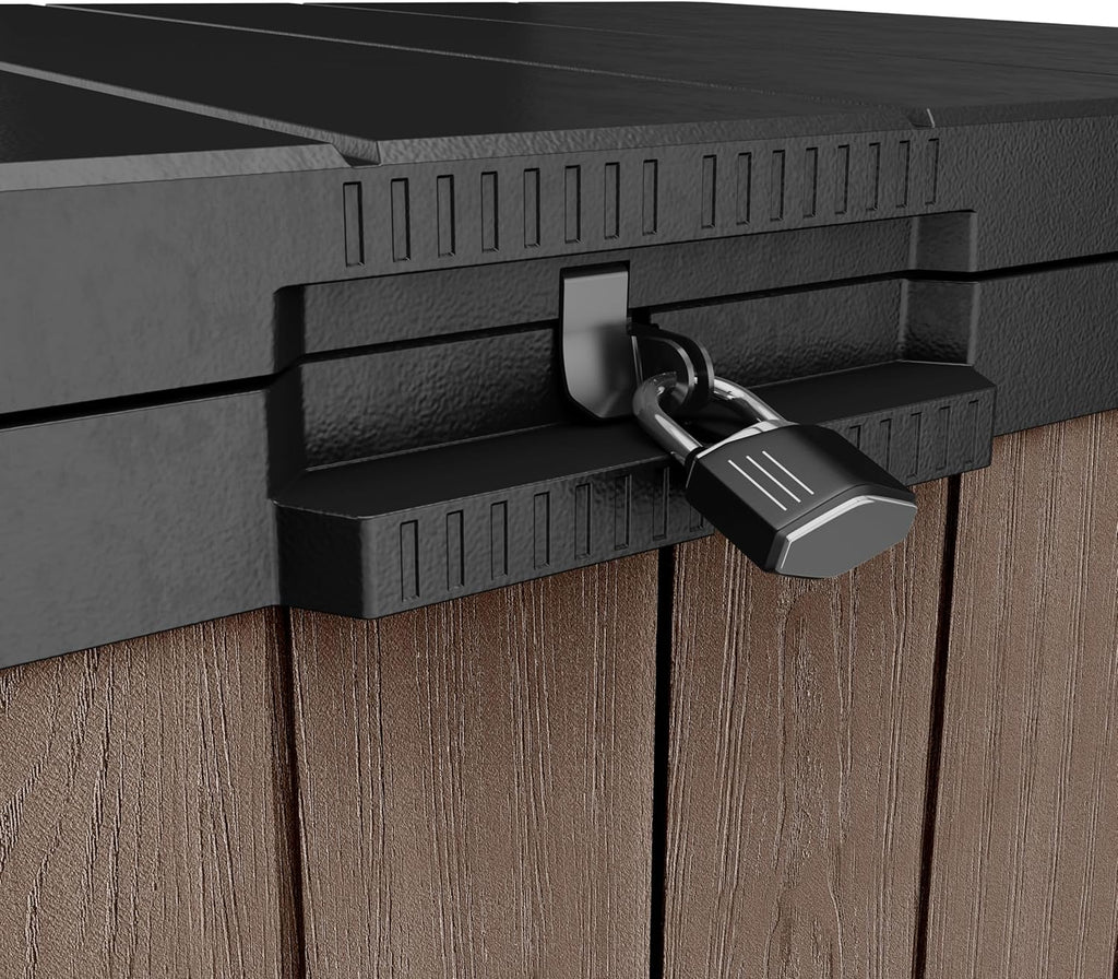 KETER Store-It-Out Darwin Mülltonnenbox, 1150L Gartenbox mit Holz-Look, Aufbewahrungsschrank für 2X 240L Mülltonnen, abschließbar, wetterbeständig, braun, 141x82x120 cm
