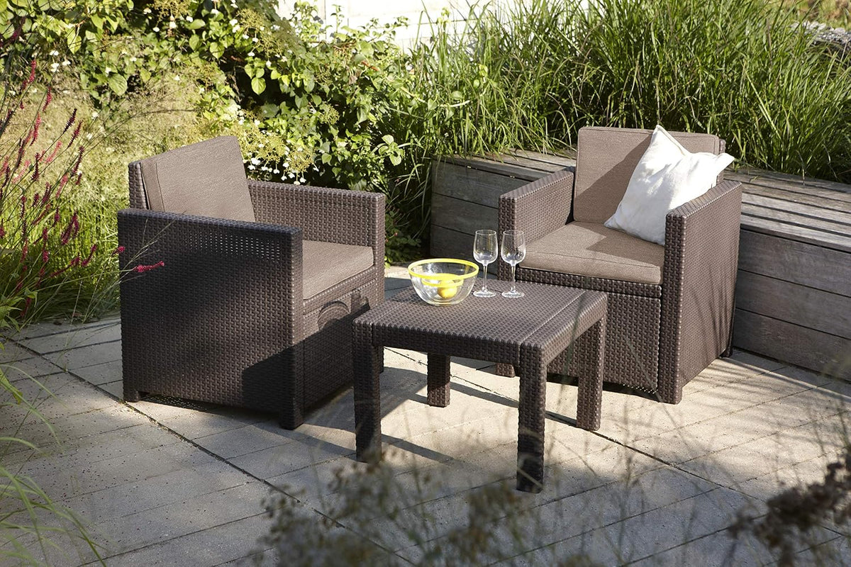Allibert by Keter Balkonmöbel Set Victoria Balcony, braun/taupe, 3tlg., inkl. Sitz- und Rückenkissen, Kunststoff, flache Rattanoptik