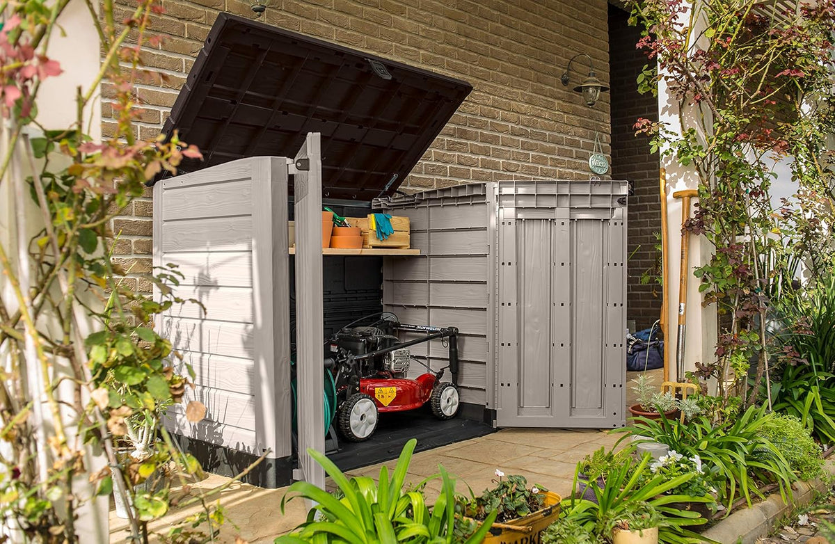 Keter Store it Out Pro Mülltonnenbox mit Gasdruckfeder, wetterfest, abschließbar, beige, 1.200 L, 145,5 x 82 x 123cm, passend für 2x240l Abfalltonnen
