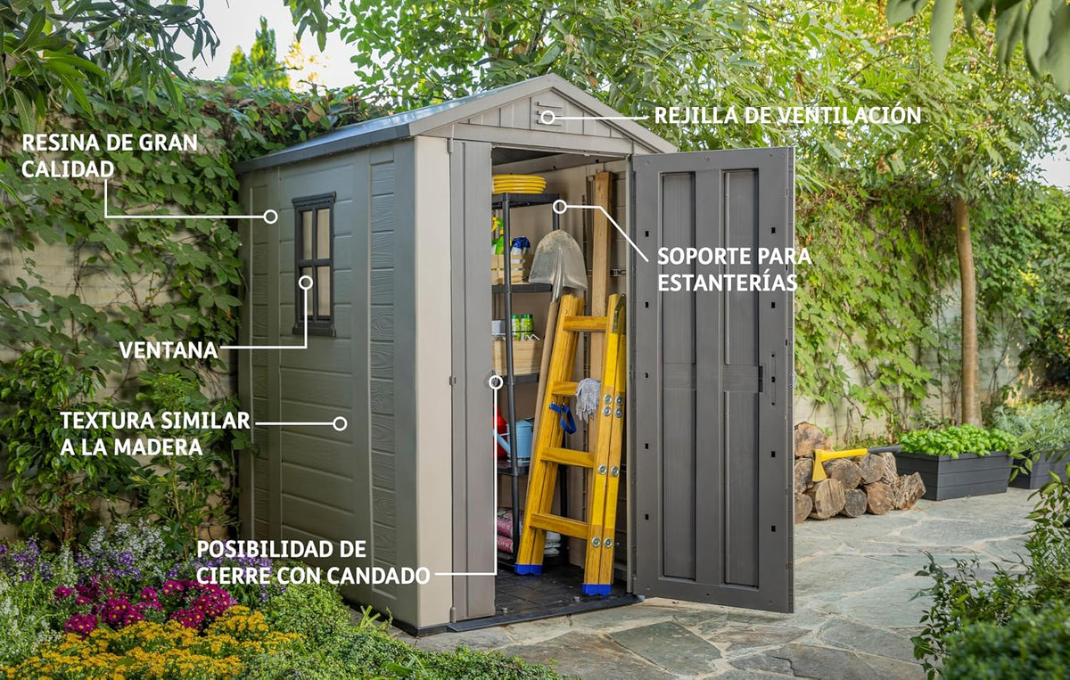 Keter Gerätehaus Factor 4x6, Beige, 4.0m³ Rauminhalt, Außenmaße (B/T/H):129.5 x 182 x 216.5 cm, wetterfest, wasserdicht, UV-beständig, Outdoor
