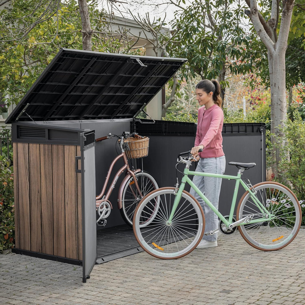 Keter Signature Gartenschrank, wetterfest, 2020 L Stauraum, abschließbar, mit Gasdruckfedern, Rosenholz-Optik, 190,5 x 109,3 x 132,5 cm, Mülltonnenbox für 2X 360l Tonnen