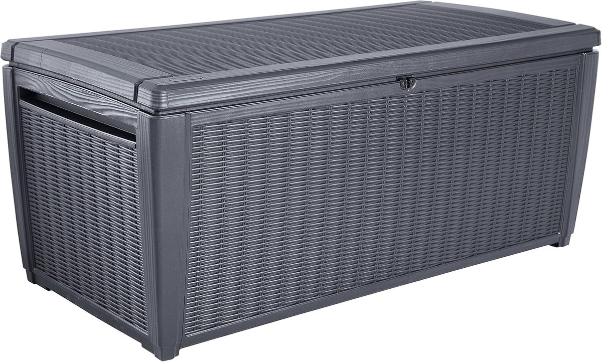 Keter Sumatra Auflagenbox, Kissenbox für draußen, 511 L, wetterfest, Deckel mit Gasdruckfeder, Außenmaße:145x73x64 cm, Sitzgelegenheit für 2 Personen Graphit