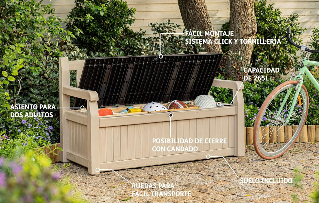 Keter Sitzbank Eden für Balkon und Garten, Gartenbank mit integrierter Kissenbox mit 265 l Stauraum, 140x60x84cm, wetterfest, pflegeleicht, beige, Outdoor, Holzoptik