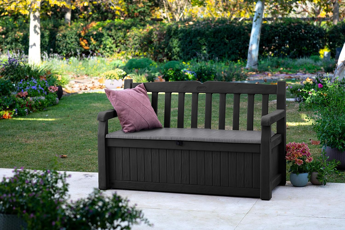 Keter Sitzbank Eden für Balkon und Garten, Gartenbank mit integrierter Kissenbox mit 265 l Stauraum, 140x60x84cm, wetterfest, pflegeleicht, grau, Outdoor, Holzoptik
